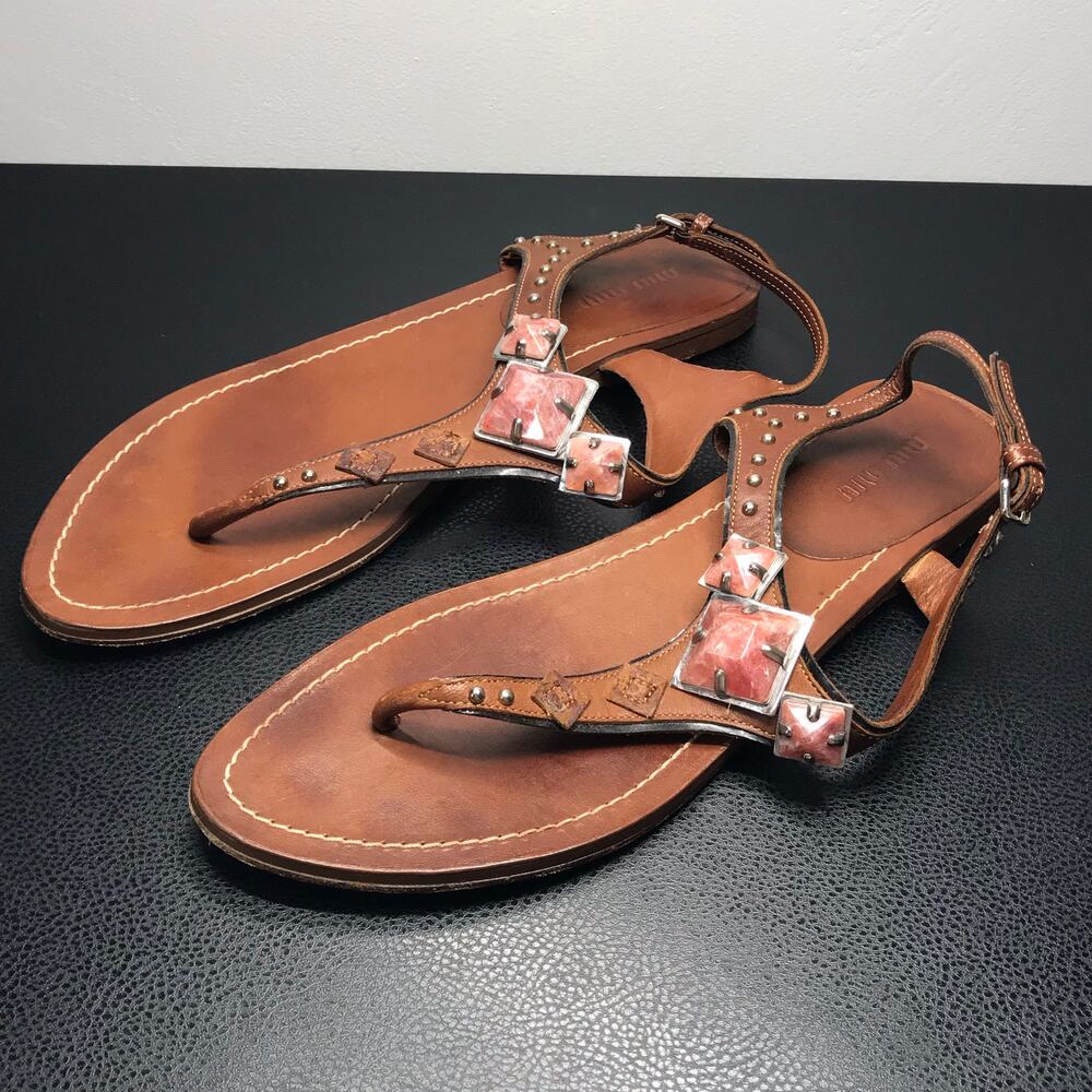 Miu Miu SZ 41 Brown Leather Thong Gladiator Sandals Pink Silver Pyramid Studs - Picture 9 of 13